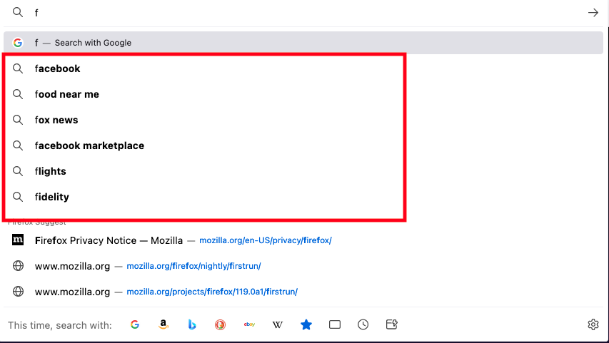 Search suggestions in Firefox